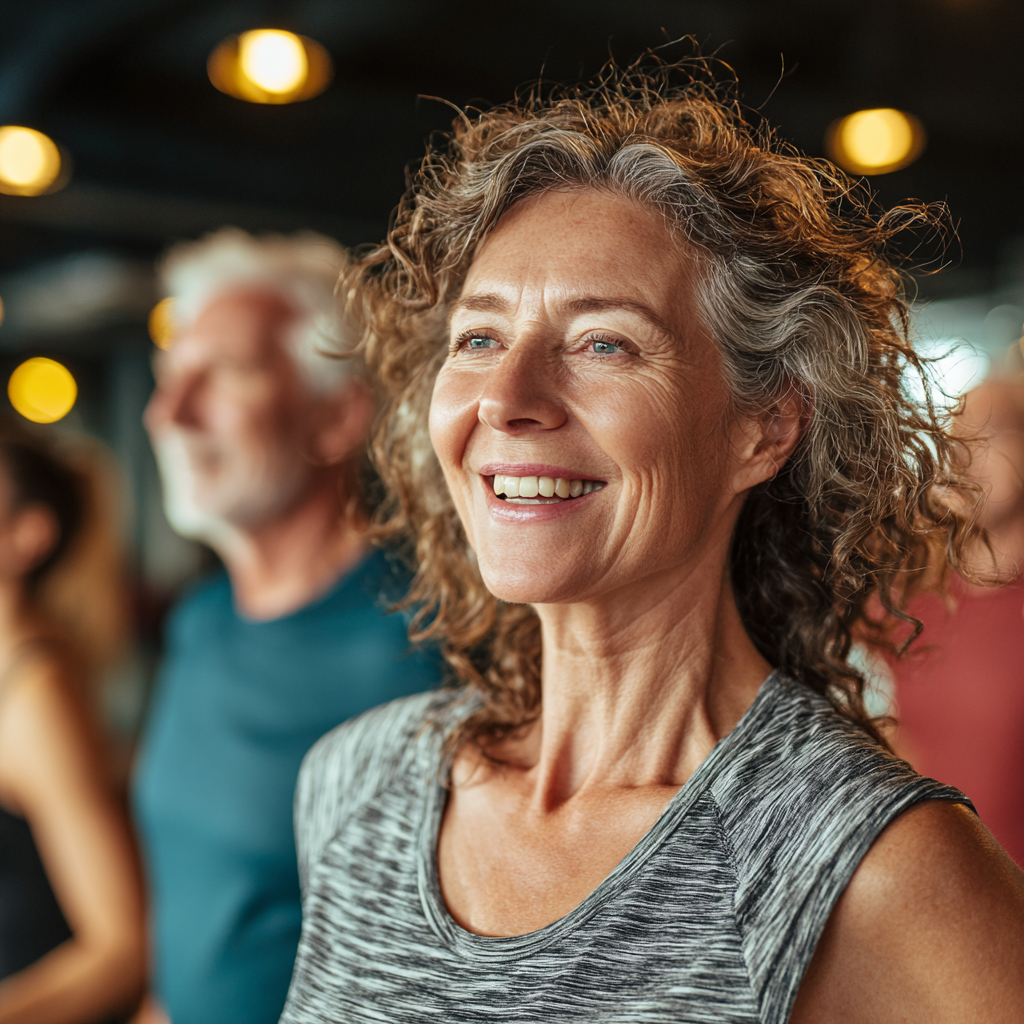 Middle-aged adults participating in group fitness activities with positive energy